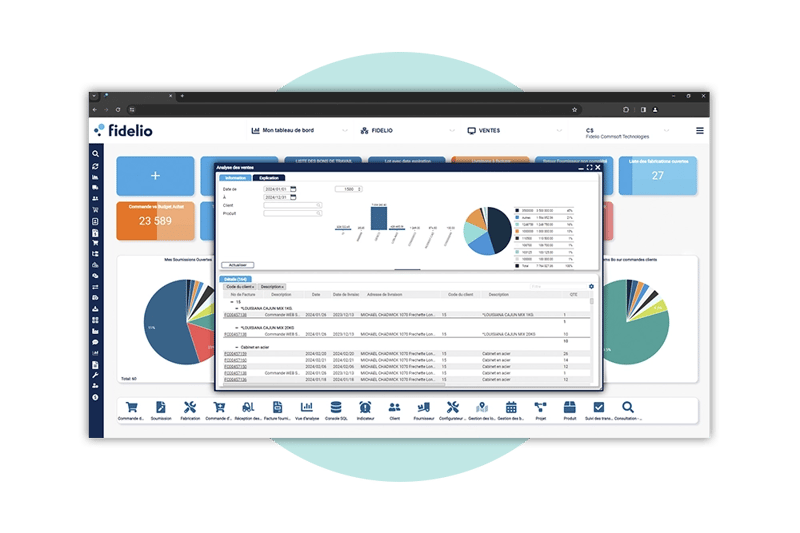 Tableau de bord de l'ERP Fidelio avec l'écran de gestion des achats