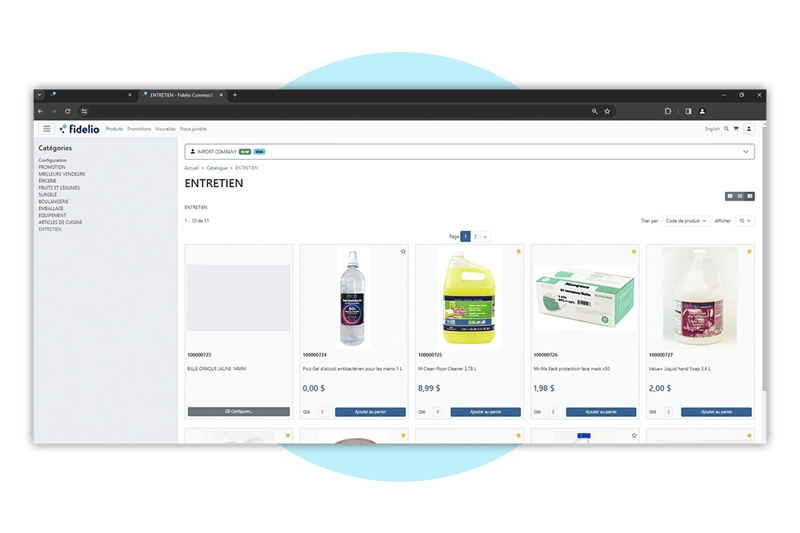 Plateforme e-commerce de l'ERP Fidelio avec un exemple de liste de produits