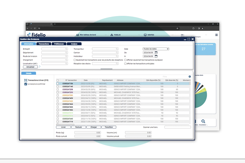 Écran de gestion des livraisons de l'ERP Fidelio