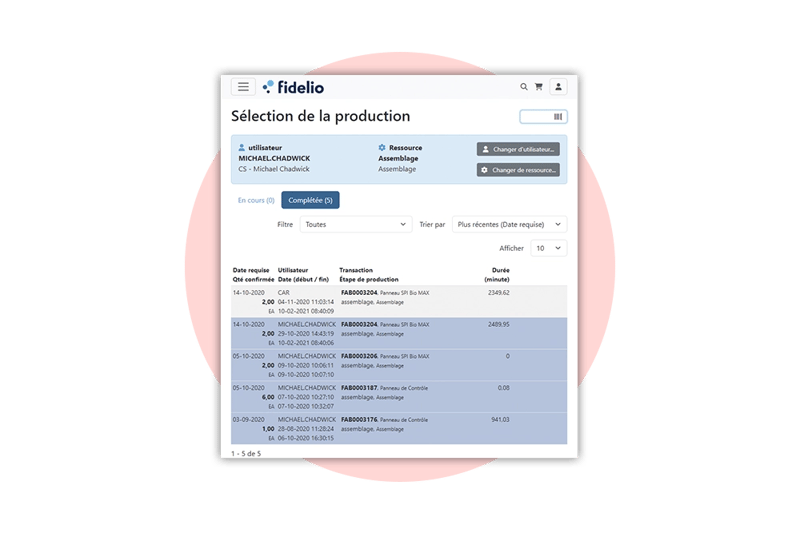 Écran de sélection de production mobile de l'ERP Fidelio