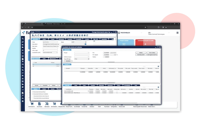 Écran de gestion des stocks et des productions de l'ERP Fidelio