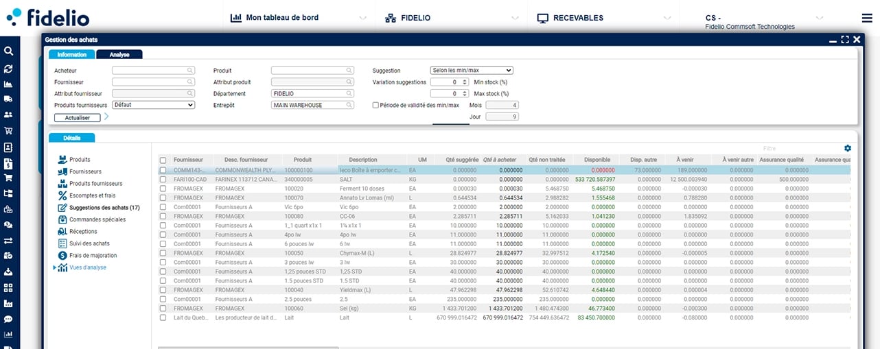 Écran de gestion de gestion des achats de l'ERP Fidelio