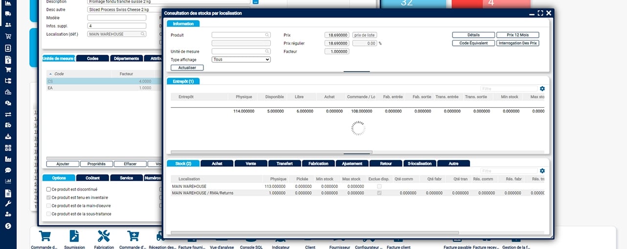 Écran de gestion des stocks par localisation de l'ERP Fidelio