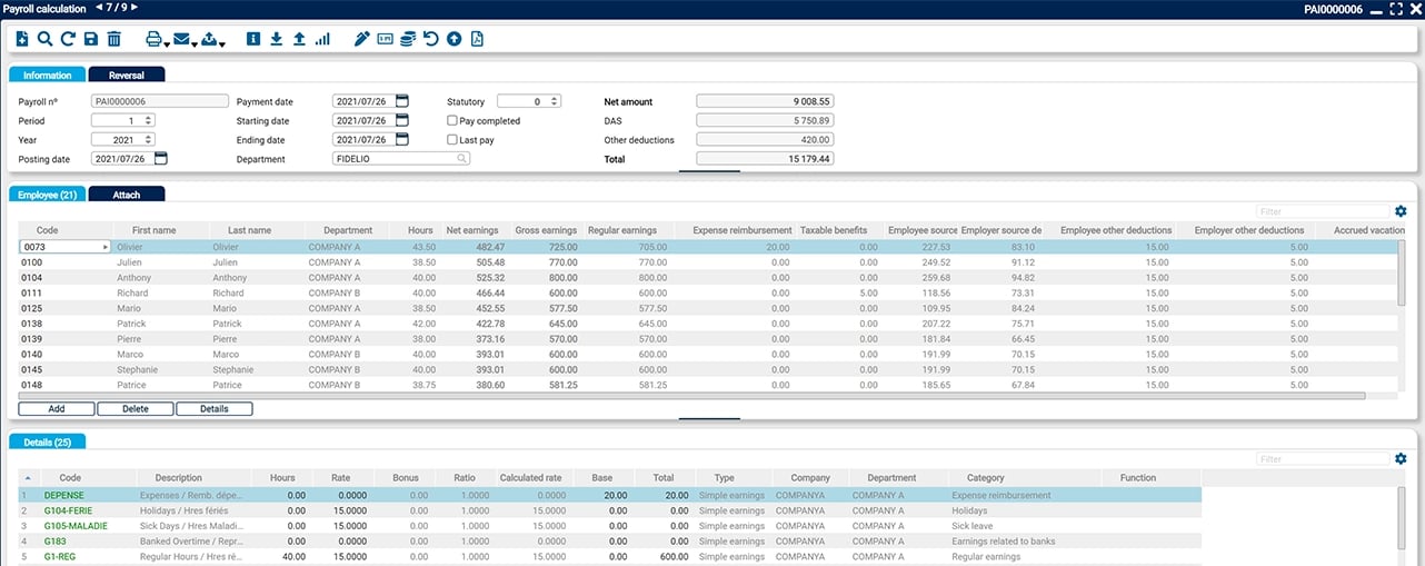 Écran de gestion de la paie de l'ERP Fidelio