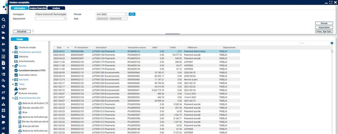 Écran de gestion comptable de l'ERP Fidelio