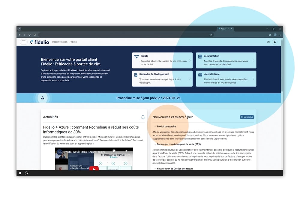 Écran de suivi des actualités et nouveautés du portail client de l'ERP Fidelio