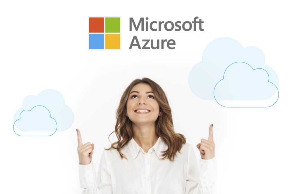 Microsoft Azure logo with girl pointing to clouds